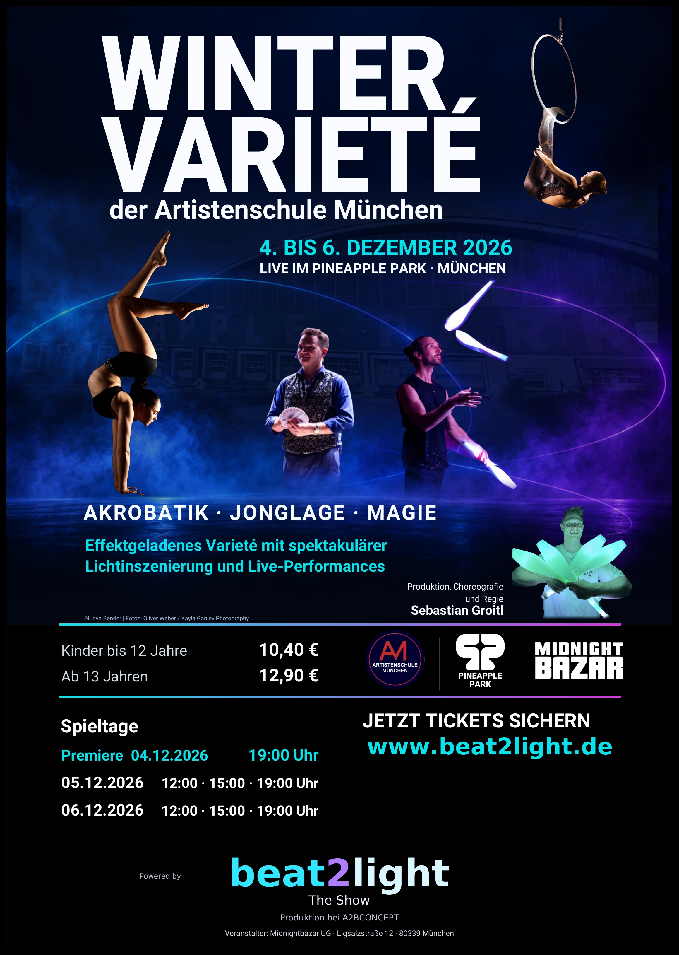 Offizielles Wintervarieté-Plakat mit Dezemberterminen und Ticketpreisen.